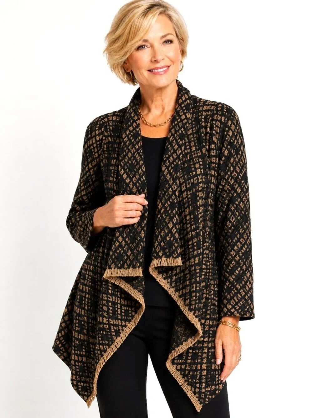 Ruff Hewn Grey Black Tan Diamond Print Fringed Flyaway Cardigan